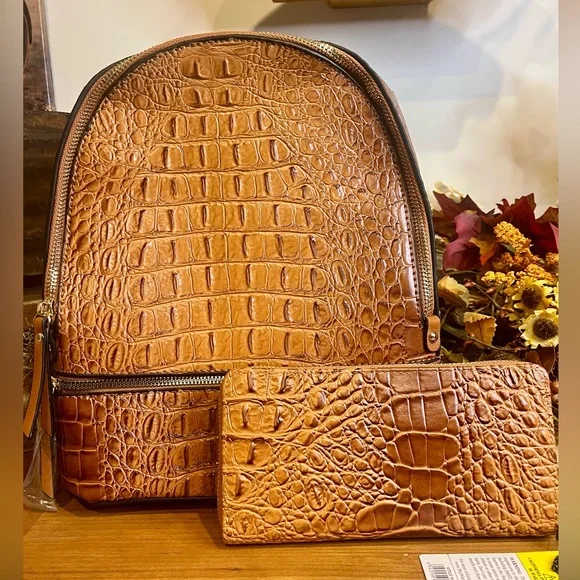 American Bee Preppy Vegan Leather Croc Backpack & Wallet Set in Brown. NWT - Picture 1 of 14
